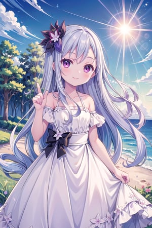 (Best picture quality, Top quality, Masterpiece: 1.3), (Sharp picture quality),lavender_hair, long-hair,Black flower hair ornament,white dress,Holding up index finger, cute, smiling,Beautiful scenery, solo,((blue sky)),The sun, midsummer, the sea,field,