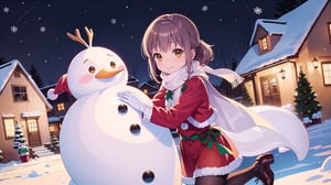 (Masterpiece, Best Picture Quality, High Quality, Best Picture Quality Score: 1.3), (Sharp Picture Quality), Perfect Beautiful Woman: 1.5, light brown hair, long hair (Santa Claus outfit), One, (scarf), beautiful girl, cute, making snow house, snow house, Kamakura, cute reindeer in front of house, fluttering skirt , (most fantastic view), cute snowman in front of house, best smile, gloves,((((Building Santa'home)))), Christmas, ((decorating Santa's house Christmas style)),haruka