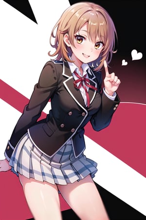 Masterpiece,Best  Quality, High Quality, (Sharp Picture Quality), Brown hair, short hair, uniform, black jacket, red ribbon, pink browser, check skirt, pleated skirt, best smile, Stand up your index finger,
Heart mark,empty_bg