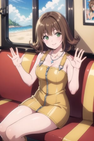 (Best picture quality, Top quality, Masterpiece: 1.3), (Sharp picture quality),selphie,  brown hair,Short,Hair that curls outward,,necklace, yellow dress, boots, smile, (waving one hand), Sitting on a train seat, window, large sand dune,
