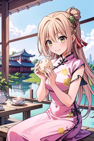 (Masterpiece, Best Quality, High Quality Score: 1.3), (Sharp Picture Quality), Perfect Beauty: 1.5,long hair ,blond hair, (Chinese Clothes), (light pink chinese dress), red hair ornament, beautiful girl, cute, best smile, very beautiful scenery, (most fantastic scenery), (Chinese garden), Eating a big steamed bun.