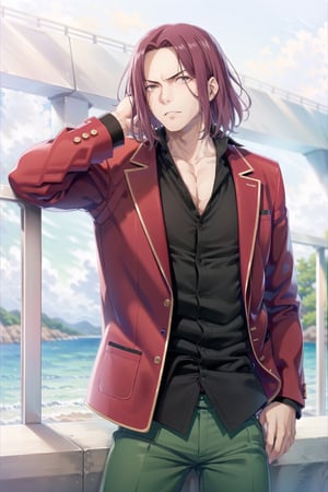 Masterpiece,Best  Quality, High Quality, (Sharp Picture Quality), Red brown hair, boy, short hair, school uniform, red jacket, green trousers, black ties,loose tie, open the neck shirt.On the boat,Looking at the sea,solo,
alone,