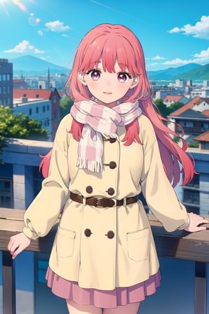 (masterpiece:1.3),best quality,Perfect Beauty Score: 1.5, 1girl, long_hair, pink_hair, pink_eyes,beautiful background,blue sky,Light pink clothes, scarf, coat,skirt,best smile,cafe, overlooking the city from the top of the hill,Yuki,daytime,