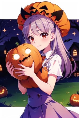 (best picture quality, masterpiece, high quality: 1.3), (sharpest picture quality), perfect beauty: 1.5,lavender_hair, school_uniform, red hairpiece, Halloween, hugging very large stuffed jack-o-lantern, candy, fantastic, one woman,, beautiful girl, cute, perfect proportions, best smile, fluttering skirt, ( Most fantastic scenery), 22 year old woman, pink costume, pumpkin hat, (burying face in big stuffed jack-o-lantern)