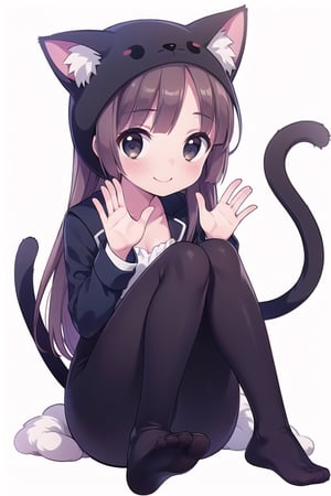 (Best Picture Quality, High Quality, Best Masterpiece Score: 1.3), Perfect Beauty Score: 1.5, ((white background)), ((no background)), brown hair, one person, (((beautiful girl in cat suit))), , beautiful girl, full body shot, waving one hand, cute, best smile, (facing front) ), (small stuffed cat around her), small stuffed bear at her feet, only two small cats at her feet.