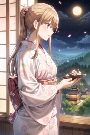 (masterpiece:1.3),best quality, (sharp quality), brown hair, brown eyes, solo,((Beautiful light pink kimono)), floral design,Beautiful landscapes, petals, looking down at the hills,beautiful day,Observatory, large lighthouse,Japanese tea,Hair fluttering, moonlit night, cherry blossom petals fluttering,((night)),moon,outdoor,chihaya_ayase
