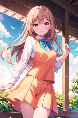 (masterpiece, Best  Quality,  High Quality,  Best Picture Quality Score: 1.3),  (Sharp Picture Quality),  Perfect Beauty: 1.5,light brown Hair,long hair  (Japanese School Uniform),  One,  (Cute School Uniform),  Beautiful Girl,  Cute,mini Skirt,  Very Beautiful View, (Drawing a bow), (Japanese bow),l,Fluttering Skirt,  (Most fantastic view), A girl standing on a hilltop,best smile,Yellow vest,hikari