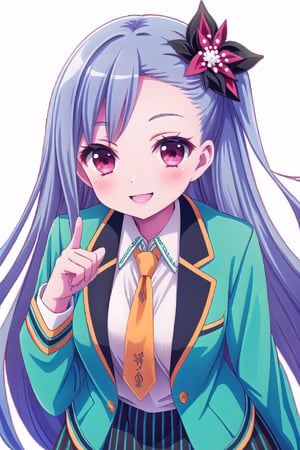 (masterpiece:1.3),best quality, (sharp quality),Perfect Beauty,lavender_hair, long-hair, flower hair ornament,blue -green jacket, Black neck collar,orange tie,White blouse, school uniform,Skirt with green and black vertical stripes,Skirt ruffle,Index finger up,large pink heart mark,Bending forward,empty_background,(masterpiece),scenery,the best smile,