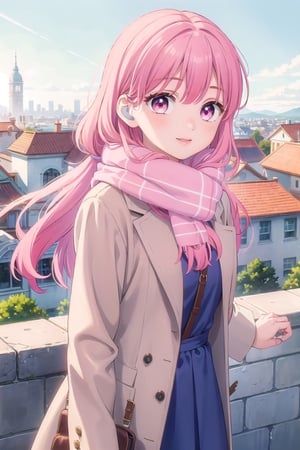 (masterpiece:1.3),best quality,Perfect Beauty Score: 1.5, 1girl, long_hair, pink_hair, pink_eyes,beautiful background,blue sky,Light pink clothes, scarf, coat,skirt,best smile,cafe, overlooking the city from the top of the hill,Yuki,daytime,yuki itose