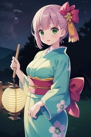 (Superb quality,  High resolution,  Masterpiece: 1.3),  Perfectly formed beauty: 1.5,  (Beautiful landscape),  ((pitch dark night)),  pink hair,  Wearing kimono,  One person,  (green kimono),  (She has beautiful large Japanese lantern.),  Beautiful girl,  School girl,  Floral kimono,  Fancy kimono design, Great kimono designs,