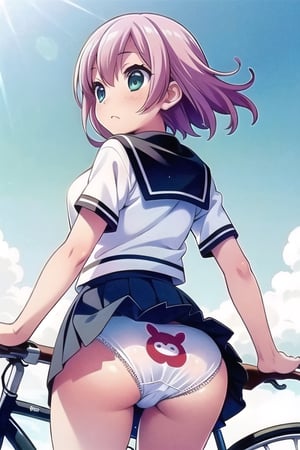 hi-school girl, japanes, bicycle, Skirt twisted, the wind, Beautie, Realistic, ​masterpiece, high-level image quality, Row, buttock, Dark blue skirt, (White underwear), rides a bike, Angle from behind, 4K, 4K, 8k, 16k,Underwear with bears printed on it