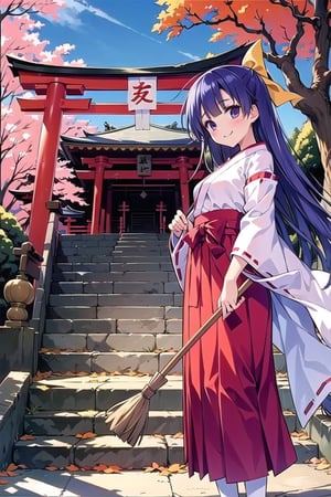 (best quality, best quality: 1.3), (sharp quality), perfect beautiful woman: 1.5, blue-purple hair, long hair, white ribbon, miko costume, red hakama, holding broom, shrine grounds, torii gate, winter shrine, sunny day, leafless tree, stone steps of shrine, best smile, woman cleaning, beautiful view,