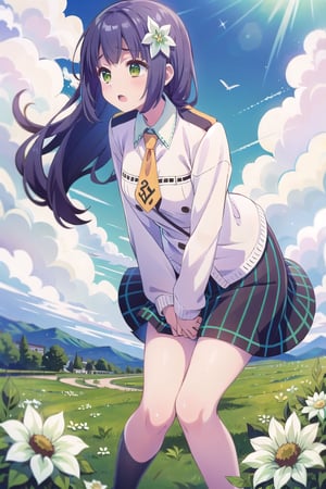 Masterpiece,Best  Quality, High Quality,  (Sharp Picture Quality), purple_hair, lomg hair, White flower hair ornament,uniform,White blouse, orange tie, schoolyard, beautiful landscape, school, blue sky, Black and green vertical striped skirt,Frill,Very surprised expression, strong wind,,alone,((Suppress the skirt by hand)),fluttering hair, fluttering skirt,,visible panties,Hold down the skirt by hand,White panties,