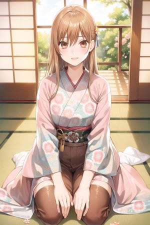 (masterpiece:1.3),best quality, (sharp quality), brown hair, brown eyes, light  Japanese -style room, jersey pants, perfect socks,  Japanese karuta,solo,A wide tatami room,Beautiful kimono, floral design, ,chihaya_ayase