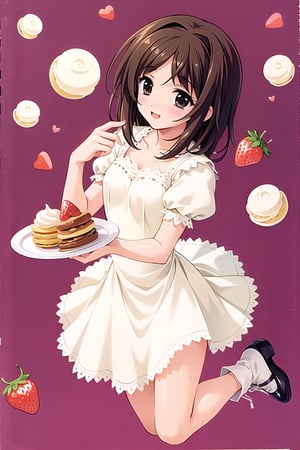 (masterpiece:1.3),best quality,Perfect Beauty Score: 1.5, 1girl, Brown hair,solo,Patissier, cream, The best smile, fullbody,Jump up,Spread both hands to the left and right,Crepe,cream puff, strawberry shortcakes, macaroons, hot cakes,(((A lot of sweets are flying in the background))),(Fancy background),Beautiful woman