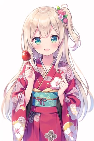 (Super High Quality, High Resolution, Masterpiece: 1.3), Perfectly Shaped Beauty: 1.5, ((white background)), ((no background)), blonde, wearing kimono, one person, pink  kimono, best smile, (candy apple), (holding candy apple), beautiful girl, schoolgirl, floral kimono, fancy kimono design, great kimono design, 