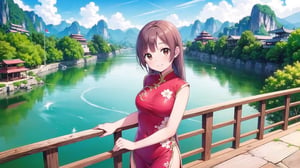 (Masterpiece, Top Quality, High Quality Score: 1.3), (Sharp Image Quality), Perfect Beauty: 1.5, long hair, brown hair, (China dress), (light pink China dress), red hair ornament, beautiful girl, cute, best smile, very beautiful scenery, (most fantastic scenery), (Guilin), beautiful river in China,