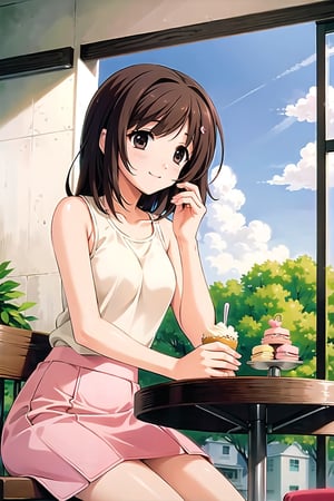 (masterpiece:1.3),best quality, (sharp quality), brown hair,no sleeve, pink  skirt,White tank top,Beautiful scenery,(sweets), blue sky, white clouds,alone,The best smile,A stylish cafe,park,Macaroons on  the table,Inside the bright store