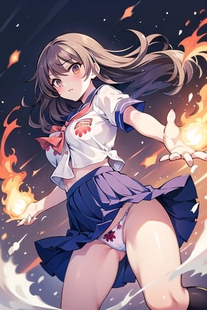 Perfect Beauty 1.5, ((fantastic Chinese scenery)), (flying), beautiful girl, brown hair, bob, ((school uniform)), pleated skirt, ((underwear with large strawberry printed)), ((underwear visible)),1, (facing front), (skirt rolled up), (flames coming out of hands), flame Aura,Cute panties,