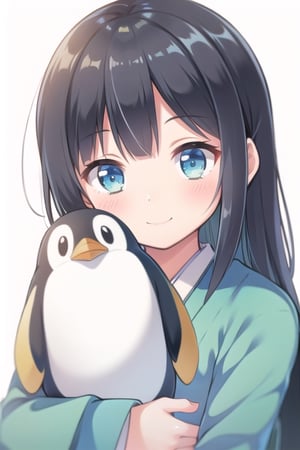 (Superb quality,  High resolution,  Masterpiece: 1.3),  Perfectly formed beauty: 1.5,  (Beautiful landscape),  ((White background)),((no back ground)),  black hair,  Wearing kimono,  One person, ( Blue Kimono),  ((She buries her face in a large stuffed penguin. )),  one Cute stuffed penguin,Beautiful girl, Floral kimono,  Fancy kimono design, Great kimono designs, facing front, upper body
