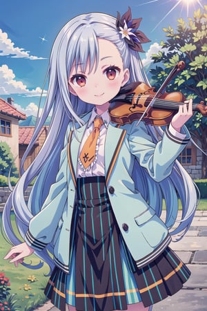 (Best picture quality, Top quality, Masterpiece: 1.3), (Sharp picture quality),lavender_hair, long-hair, flower hair ornament,blue -green jacket, Black neck collar,orange tie,White blouse, school uniform,Skirt with green and black vertical stripes,frills,Playing violin, cute, smiling,Beautiful scenery, solo,((blue sky)),The sun, midsummer,Lake shores