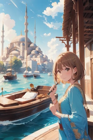 (Best picture quality, Top quality, Masterpiece: 1.3), (Sharp picture quality),Light brown hair, short hair, kaftan, Turkey, Istanbul, chaiset, on a boat, beautiful scenery, mosque,Blue sky,