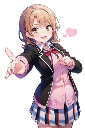 Masterpiece,Best  Quality, High Quality, (Sharp Picture Quality), Brown hair, short hair, uniform, black jacket, red ribbon, pink browser, check skirt, pleated skirt, best smile, Spread both arms left and right,
Distribute the heart mark,one person,alone,pink Heart mark,((empty_bg))