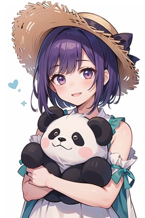 Perfect Beauty 1.5, ((white background)), ((no background)), beautiful girl,Purple Hair, ((wearing white dress)), alone, (very big straw hat), short-cut hair,18 years old, (Happy face),Nene odagiri,large stuffed panda, ((face buried in stuffed animal)), ((very large stuffed animal)),one  stuffed animal,large panda