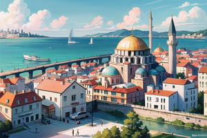 (Masterpiece, Best Picture Quality, Best Picture Quality Score: 1.3), (Sharpest Picture Quality), Perfect Beauty: 1.5,  very beautiful view, sea, (most amazing view), city of Istanbul, (hill overlooking the Bosphorus), Galata Tower in the background, Hagia Sophia