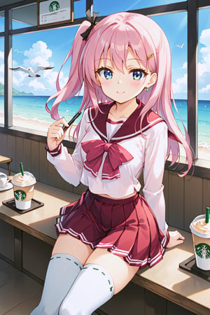 (masterpiece:1.3),best quality, maaryan_toheart2, long hair, one side up, blush, blue eyes, skirt, hair ornament, thighhighs, ribbon, school uniform, pink hair, pleated skirt, serafuku, hair clip, zettai ryouiki, ribbon trimmed legwear,((Stylish cafe)), best smiles,  Seaside cafe, open terrace, sitting, blue sea, white clouds, seagull, coffee, Starbucks,Red sailor school uniform,