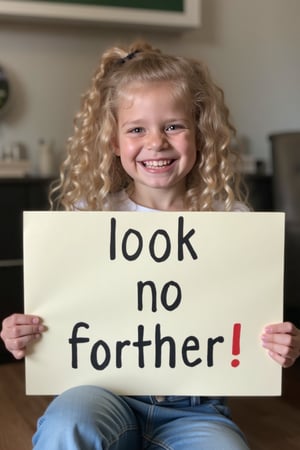 girl holding a sign that say " Look no further !"