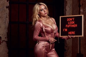 In a dimly lit, industrial-chic setting,Blonde (natural) hair color,  a stunning Asian supermodel posing provocatively amidst distressed concrete walls and rusty metal bars, wearing a daringly cut, emerald pink jumpsuit that accentuates her curves.  features geometric shapes and metallic hues echoing the gritty urban landscape. She raises an electric board displaying red text Don't Look Further i'm here",Billie Eilish