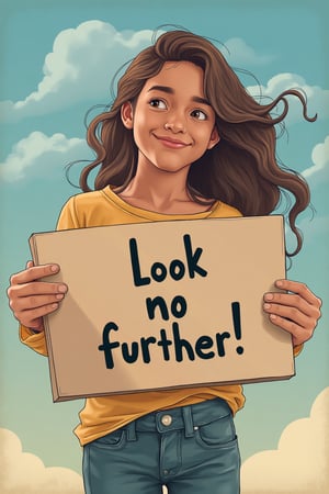 girl holding a sign that say " Look no further !"