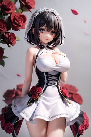  transaparent bride dress in white pizzo, black short hair, see in camera, real proportion, background of blooming roses, supporting the breast, all in focus, female_solo, hands behind the back, 