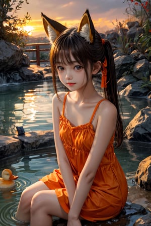 Fox ears girl, (smile: 0.7), sitting, hot spring, mandarin orange, steam, dusk, duck toy, orange, cute, girl, akemi