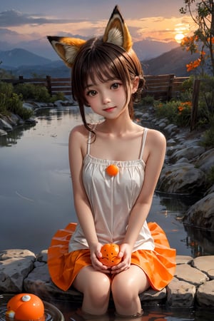 Fox ears girl, (smile: 0.7), sitting, hot spring, mandarin orange, steam, dusk, duck toy, orange, cute, girl, akemi