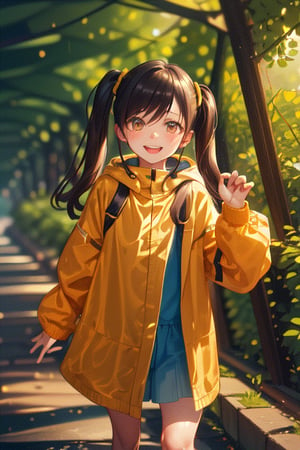 a curiosity wearing pigtails and a bright yellow raincoat A cheerful girl explores the forest and runs in the rain.
, (smile: 0.8)