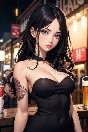 1 girl, solo, black hair,long hair,  black strapless dress,  perfect light, 8k, CG, masterpiece, ultra-detailed, realistic, full HD, party background,blue eyes, Detailedface,Detailedeyes, medium breast, (((Slim body))),  (( curvy waist:0.3)), ((slim waist:0.7)), seductress, arm tttattoo, night party, pub, beer,