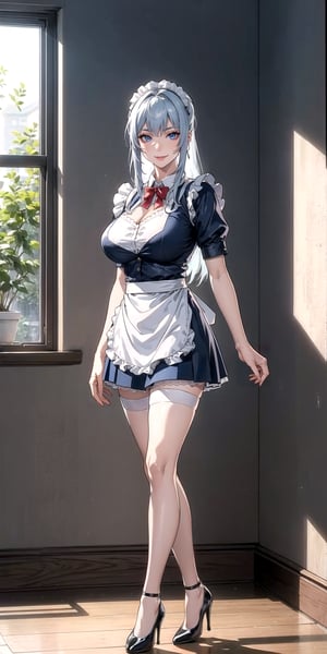 ((masterpiece, best quality)), 1_girl_posing, maid_ uniform, White lace stockings, high heels, beauty_face, White_Blue_hair, long_Long_straight_hair_style, blue eyes, big_boobs, non muscular body,  tight skin, Tight skin legs, Good anatony legs, non muscle legs, good framing, light rays, hands_detailed, face light and shades, White mansion background, white_Blue_hair, pleated skirt, white_lace_stockings, long hair, solo, tea pod, apron, full_body,1girl, ba1