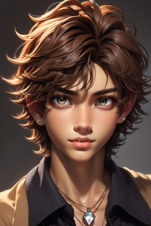 male, about 19 years old, messy hair, fluffy hair, extremely handsome, sexy, proportional face, chose unique color for eyes make it super beautiful, diamond earrings, necklace, sexy, chose a color for the hair that will compliment  perfectly with this boy, tan skin, make the eye color very unique and not seen before, super detailed eyes, 