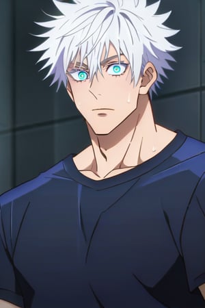 1man,stubble,Gojo Satoru ,hair between eyes, white hair,short hair,blue eyes,colored eyelashes,lean muscle, handsome, sweaty body, sweaty hair, chest muscles,abdominal muscles,show chest and abdominal,4K,masterpiece, super detailed,male, about 19 years old, messy hair, fluffy hair, extremely handsome, sexy, proportional face, beautiful eyes, wearing compression shirt, 