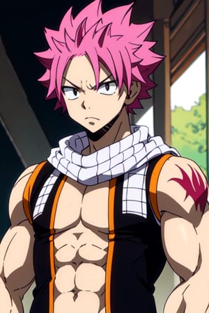 masterpiece, best quality, high quality, 1boy, solo, male focus, upper_body, 1boy, black eyes, pink hair, matte skin, short hair, messy hair, muscle, Natsu Dragneel,natsu_dragneel,pink hair, upper body, mucsular arms and chestf, tight shirt, shirt, perfect, handsome