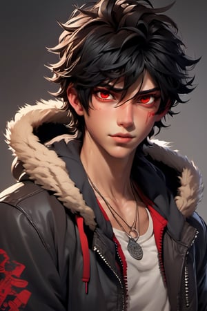 male, about 19 years old, messy hair, fluffy hair, extremely handsome, sexy, proportional face, black hair, red eyes, wearing jacket, wearing hood, older, mature, sexy, tan skin, neck tatoos, necklace, sexy, tan, eyes are in incredible detail, 