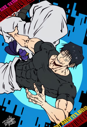 1 boy, edge light, toji fushiguro, tight black t-shirt, loose white pants, black hair, face with scar, smiling, city background, Jujutsu Kaisen, mix of fantasy and realism, special effects, fantasy, ultra HD, HDR, 4K, face in focus, best quality, face in focus, dutch angle, muscular, male,, messy hair, fluffy hair, extremely handsome, sexy, proportional face, abs, obliques, ches,t 