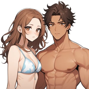 (masterpiece), white background
1guy, webtoon, 
back hair, tan skin, brown eyes, proportional face, messy hair, handsome, sexy, attractive face, muscular, messy hair, upper body, buff, hair on forehead, 

sexy girl next to him wearing bikini, sexy cute girl, 