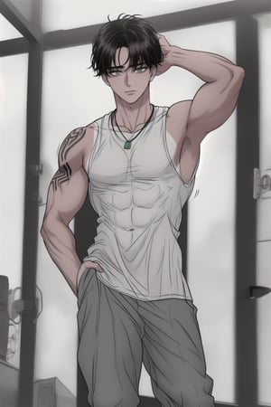 (masterpiece, best quality, highres:1.3), ultra resolution image, Tall boy with dark brown hair and dark brown eyes is standing with his hands in his pockets. He has a young, masculine face. His hair is in a middle part. He is wearing a green tank top with bulging muscles. His hand is on his head. He is wearing very tight sweatpants and his legs are muscular. He is hispanic and he is tan. He has hair in a middle part. His full body is shown. He has a serious look. His eyes are beautiful. He is young. He has tan skin. you can see his abs and muscular chest through his tank top. He is tan and his skin is dark. His eyes are big. You can see his abs through the tank top. He has a middle part hair. Boy. Guy.. boy male. you can see his abs and chest through the tank top. Hot guy. Boy is wearing necklace. You can see the boys abs through the tank top. The boy is tan. Hand is on head. He has a tatoo on his shoulder. slim,
