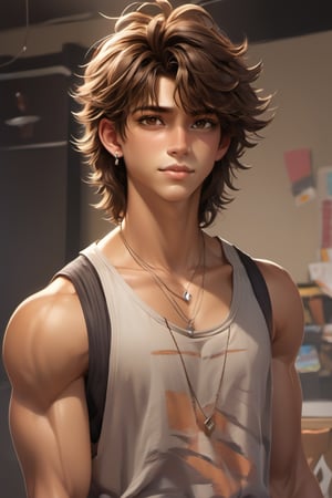 male, about 19 years old, messy hair, fluffy hair, extremely handsome, sexy, proportional face, wearing tank top, brown eyes, diamond earrings, necklace, sexy, mullet, mullet hair cut, tan,  