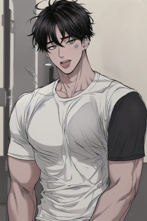 (masterpiece, best quality, highres:1.3), ultra resolution image, (1guy), male, (solo), upper body, tongue, muscular, tan skin, abs hot, wearing black compression t-shirt, tan, super handsome, messy hair, tan, grey hair, bandaid on nose, light green eyes, compression shirt, earring, tan, 