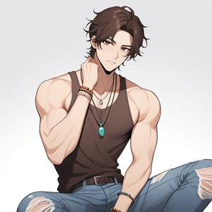 (masterpiece), white background
1guy, webtoon, 
Lucas has tousled, dark hair and deep brown eyes. He has a laid-back and bohemian style, often seen wearing distressed jeans, a tank top shirt,
beaded bracelets and a pendant necklace, muscled arms and chest, 