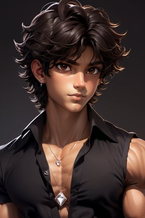 male, about 19 years old, messy hair, fluffy hair, extremely handsome, sexy, proportional face, brown eyes, diamond earrings, necklace, sexy, black hair, tan skin, fluffy hair, tan, waiter, wearing black collar shirt, holding tray, bulging muscles, short hair, top button unbuttoned, bulging muscles
